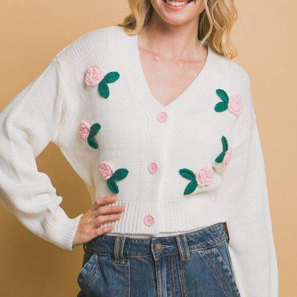 White Mid Cropped Flower Cardigan - Picture 3 of 4